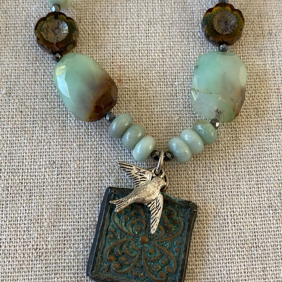 New Boho Chrysoprase Quartz & Amazonite Necklace w verdigris copper pendant … - Picture 2 of 11